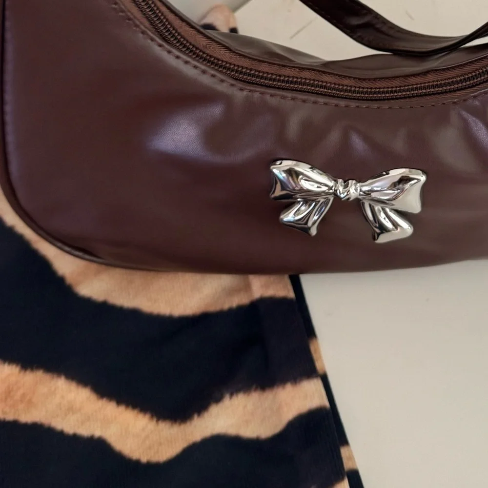 Brown Faux Leather Shoulder Bag with Silver Bow Detail | Coquette | NWOT